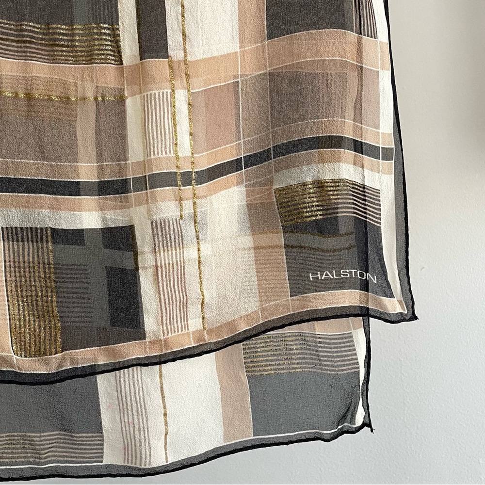 Halston Vintage Gold Metallic Plaid Silk Chiffon Long Scarf